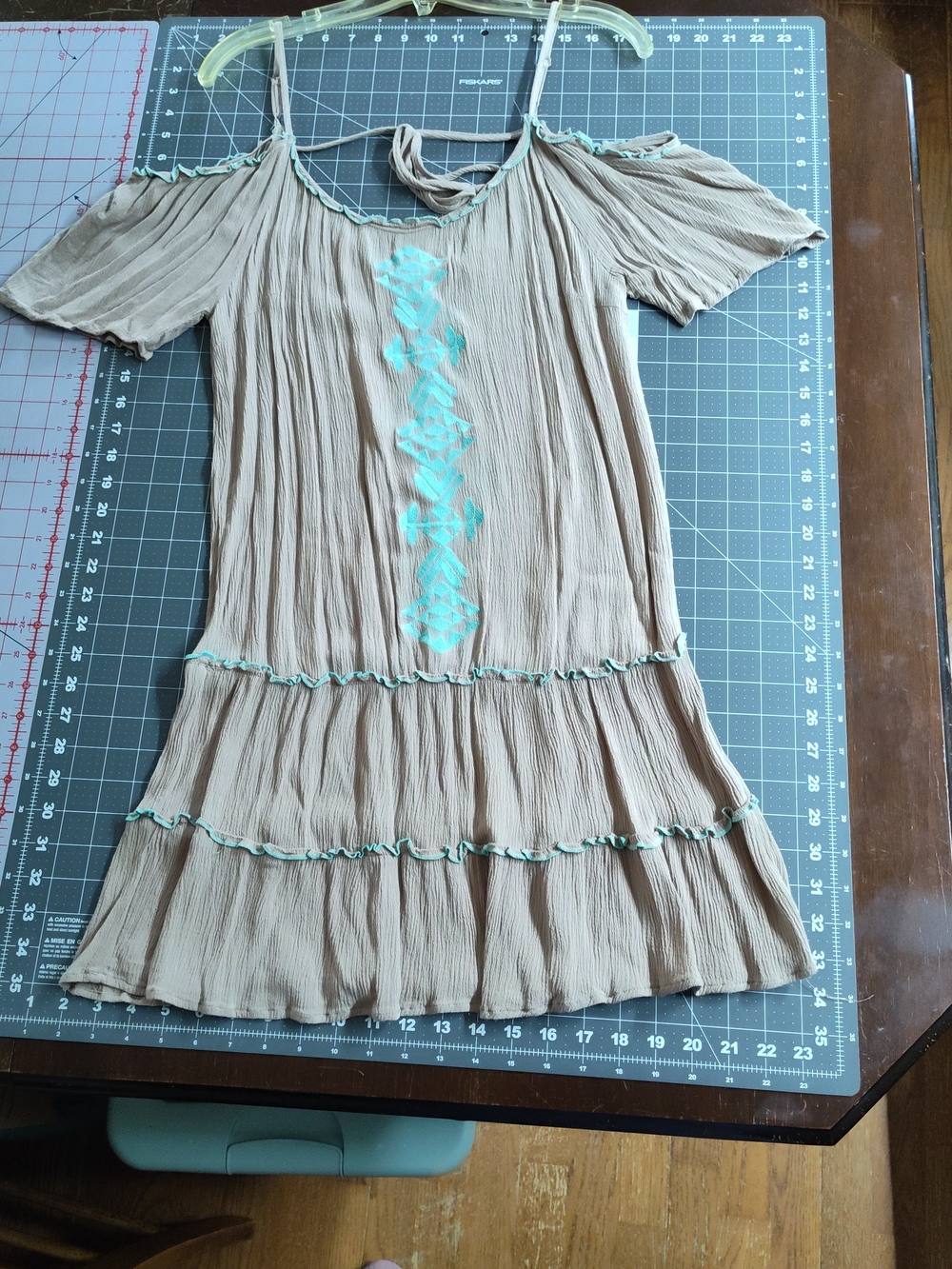 Umgee Taupe Cold-Shoulder Dress with Aqua Trim Size S